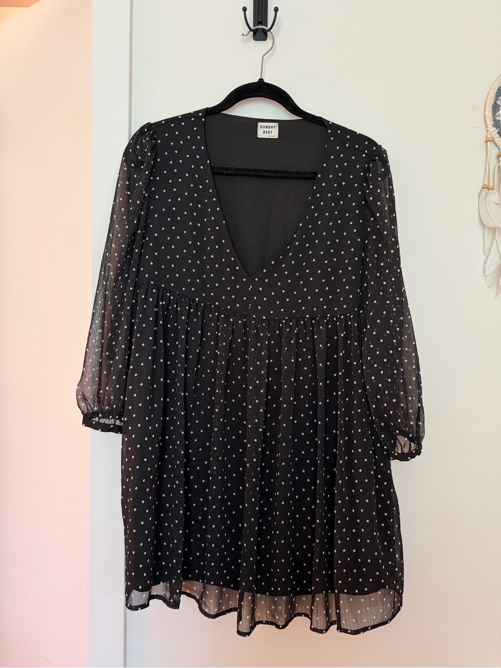 Sunday Best Black Polka Dot V-Neck Babydoll Mini Dress